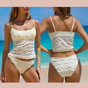 NWT $39 Samiol [ Medium ] Off White Ruched Hollow Mesh Flower Tankini Set #7104